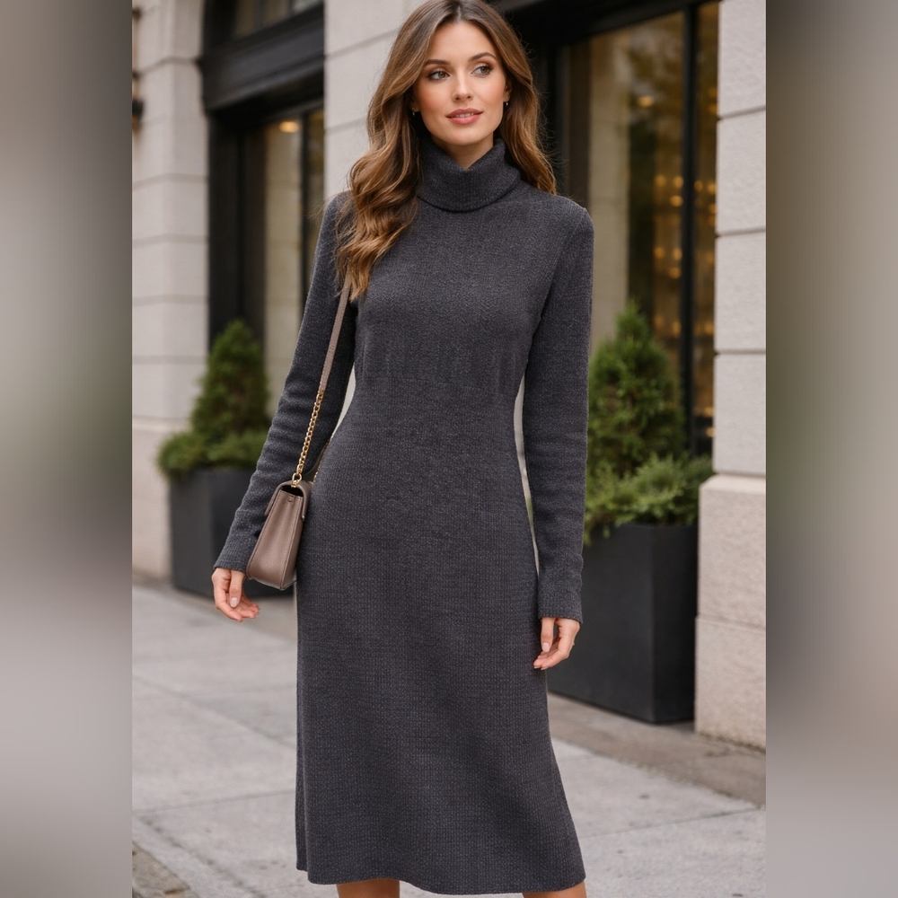 Kenar Charcoal Gray Turtleneck Midi Knit Dress